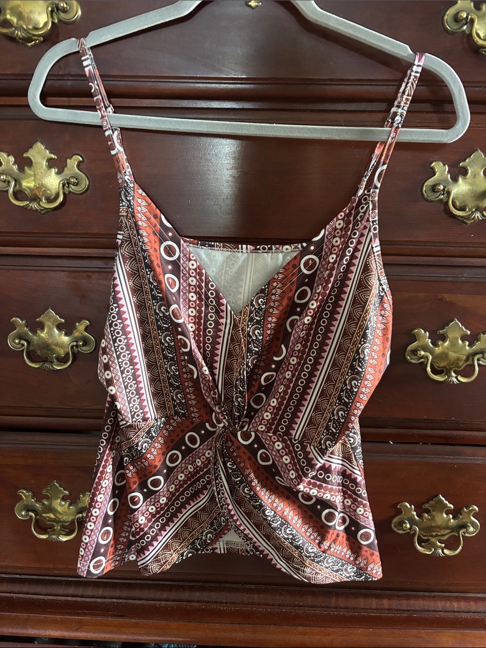 Twist-Front Printed Cami Tank Top - Brown Rust